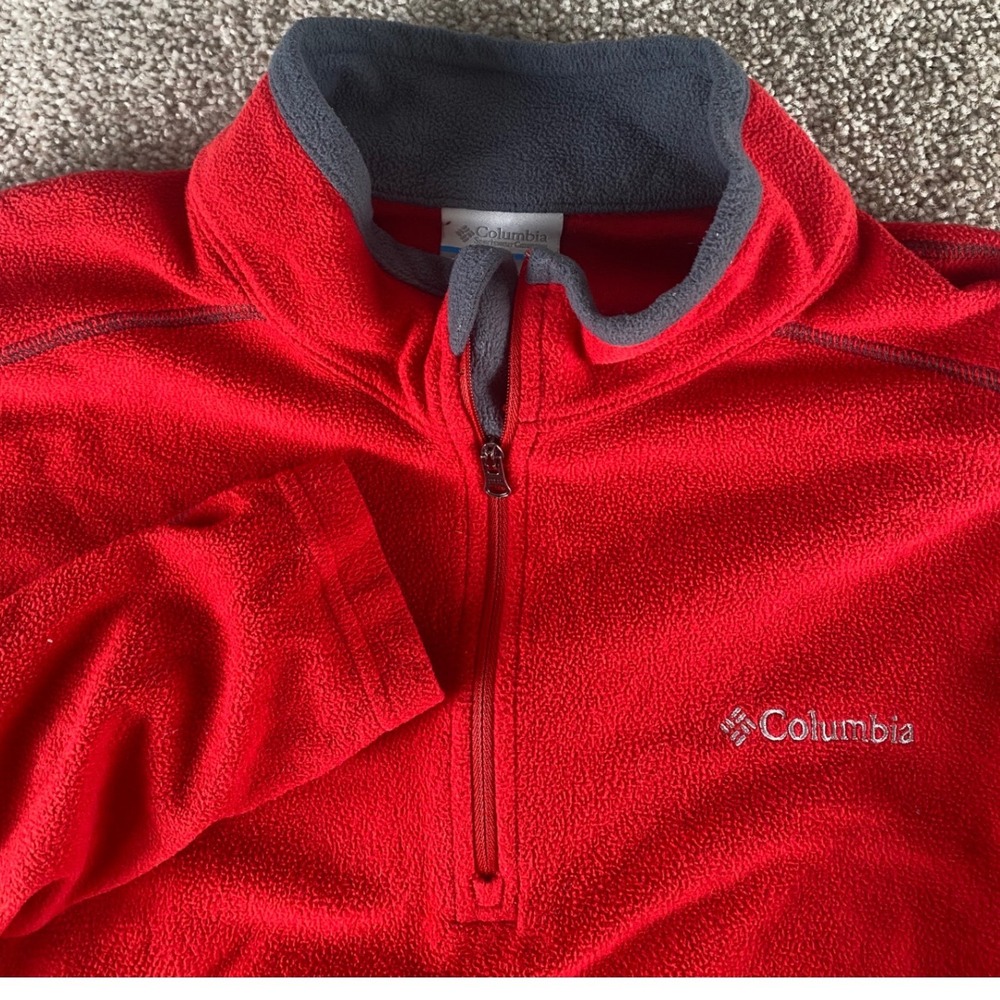 Columbia Mens L Fleece Quarter Zip Pullover Red Gray Two Tone Block Preppy Warm